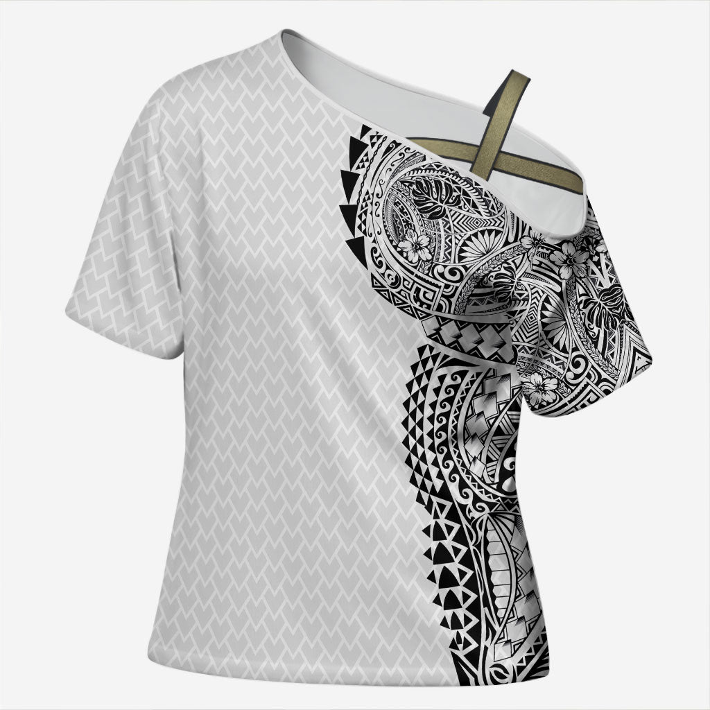 Hawaiian Traditional Tattoos Cross Shoulder Shirt Kakau Tribal Tropical Plant Motif White Color