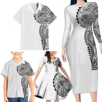 Hawaiian Traditional Tattoos Family Matching Long Sleeve Bodycon Dress and Hawaiian Shirt Kakau Tribal Tropical Plant Motif White Color