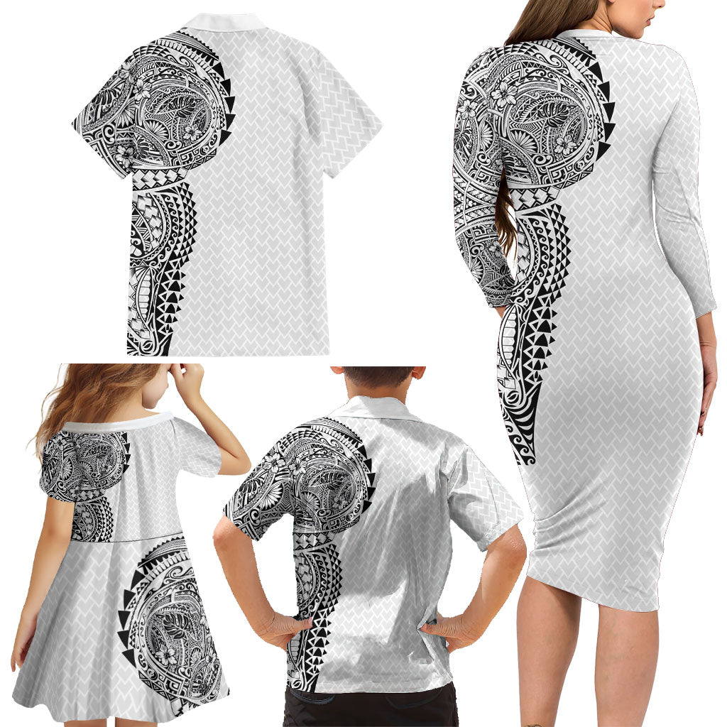 Hawaiian Traditional Tattoos Family Matching Long Sleeve Bodycon Dress and Hawaiian Shirt Kakau Tribal Tropical Plant Motif White Color