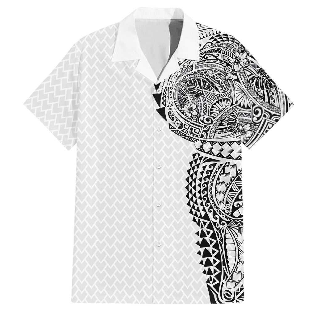 Hawaiian Traditional Tattoos Family Matching Long Sleeve Bodycon Dress and Hawaiian Shirt Kakau Tribal Tropical Plant Motif White Color