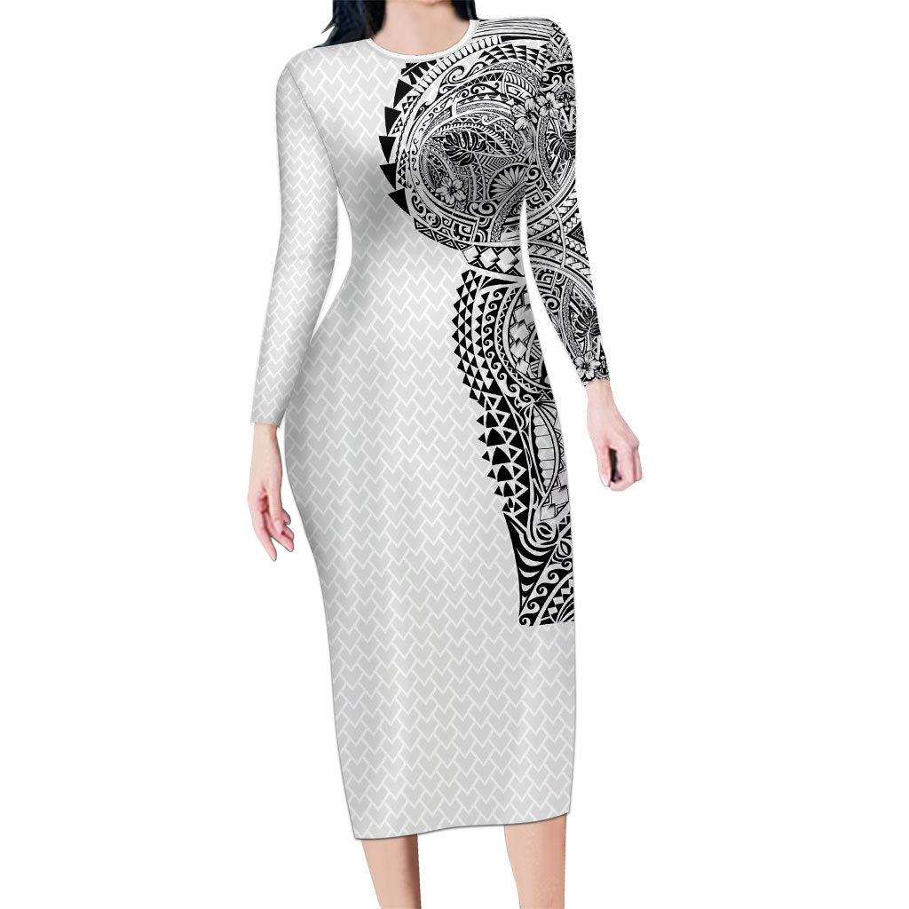 Hawaiian Traditional Tattoos Family Matching Long Sleeve Bodycon Dress and Hawaiian Shirt Kakau Tribal Tropical Plant Motif White Color