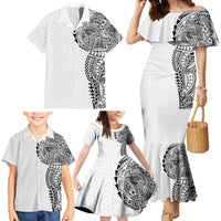 Hawaiian Traditional Tattoos Family Matching Mermaid Dress and Hawaiian Shirt Kakau Tribal Tropical Plant Motif White Color