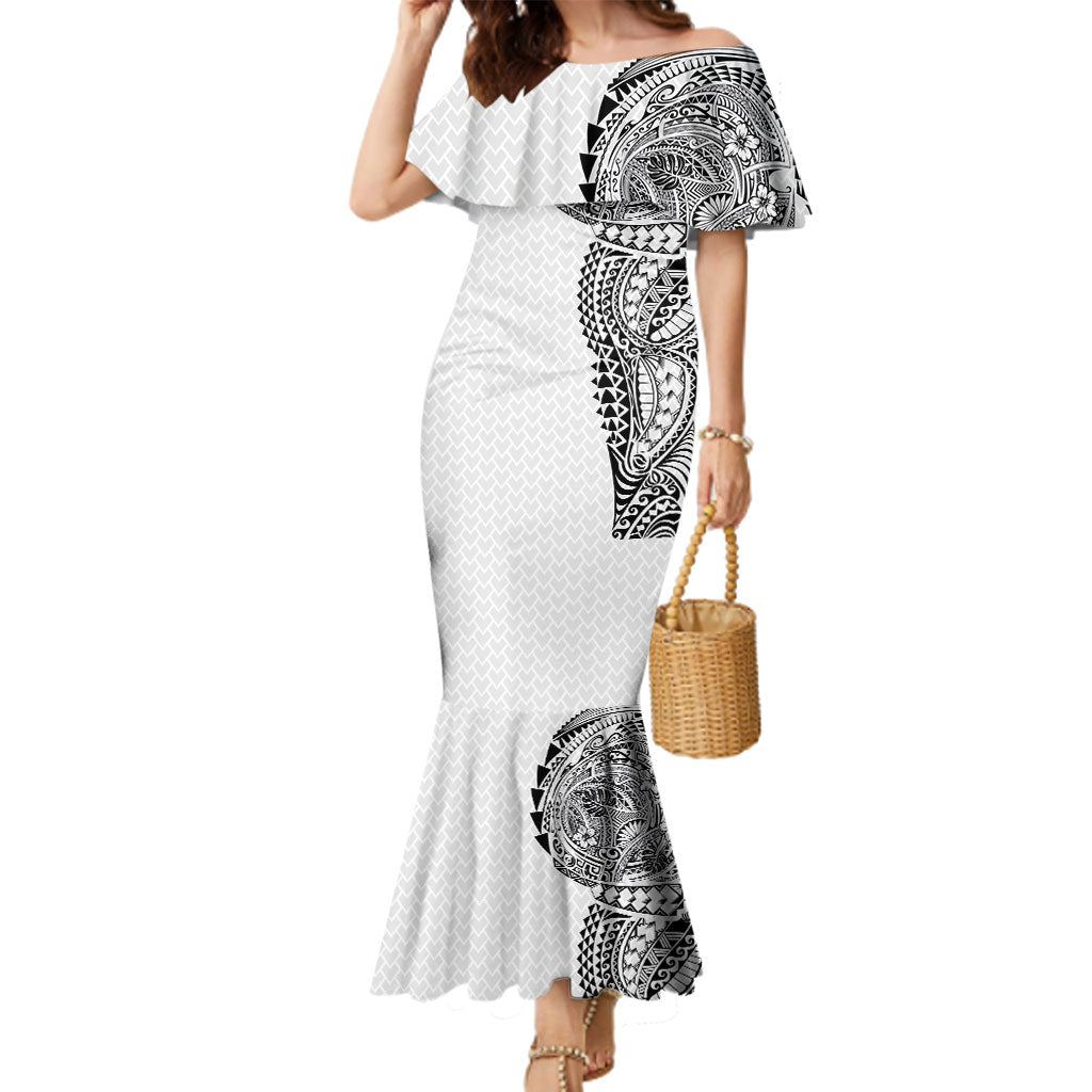 Hawaiian Traditional Tattoos Family Matching Mermaid Dress and Hawaiian Shirt Kakau Tribal Tropical Plant Motif White Color