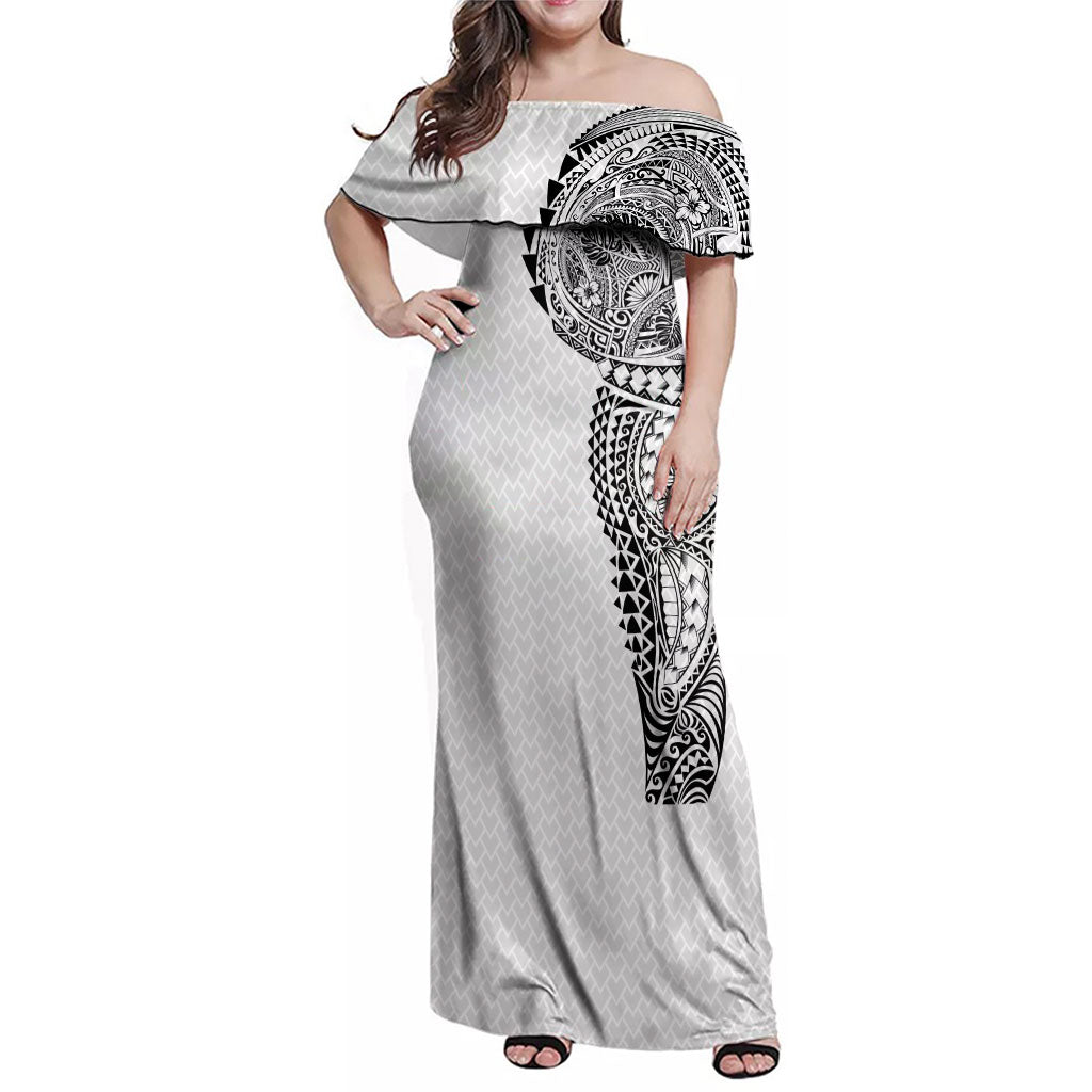 Hawaiian Traditional Tattoos Family Matching Off Shoulder Maxi Dress and Hawaiian Shirt Kakau Tribal Tropical Plant Motif White Color