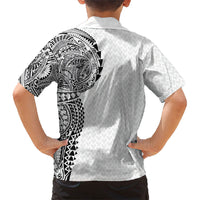 Hawaiian Traditional Tattoos Family Matching Off Shoulder Short Dress and Hawaiian Shirt Kakau Tribal Tropical Plant Motif White Color