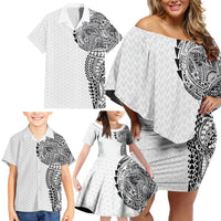 Hawaiian Traditional Tattoos Family Matching Off Shoulder Short Dress and Hawaiian Shirt Kakau Tribal Tropical Plant Motif White Color