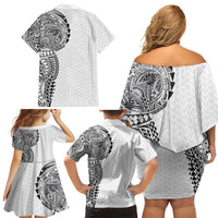 Hawaiian Traditional Tattoos Family Matching Off Shoulder Short Dress and Hawaiian Shirt Kakau Tribal Tropical Plant Motif White Color