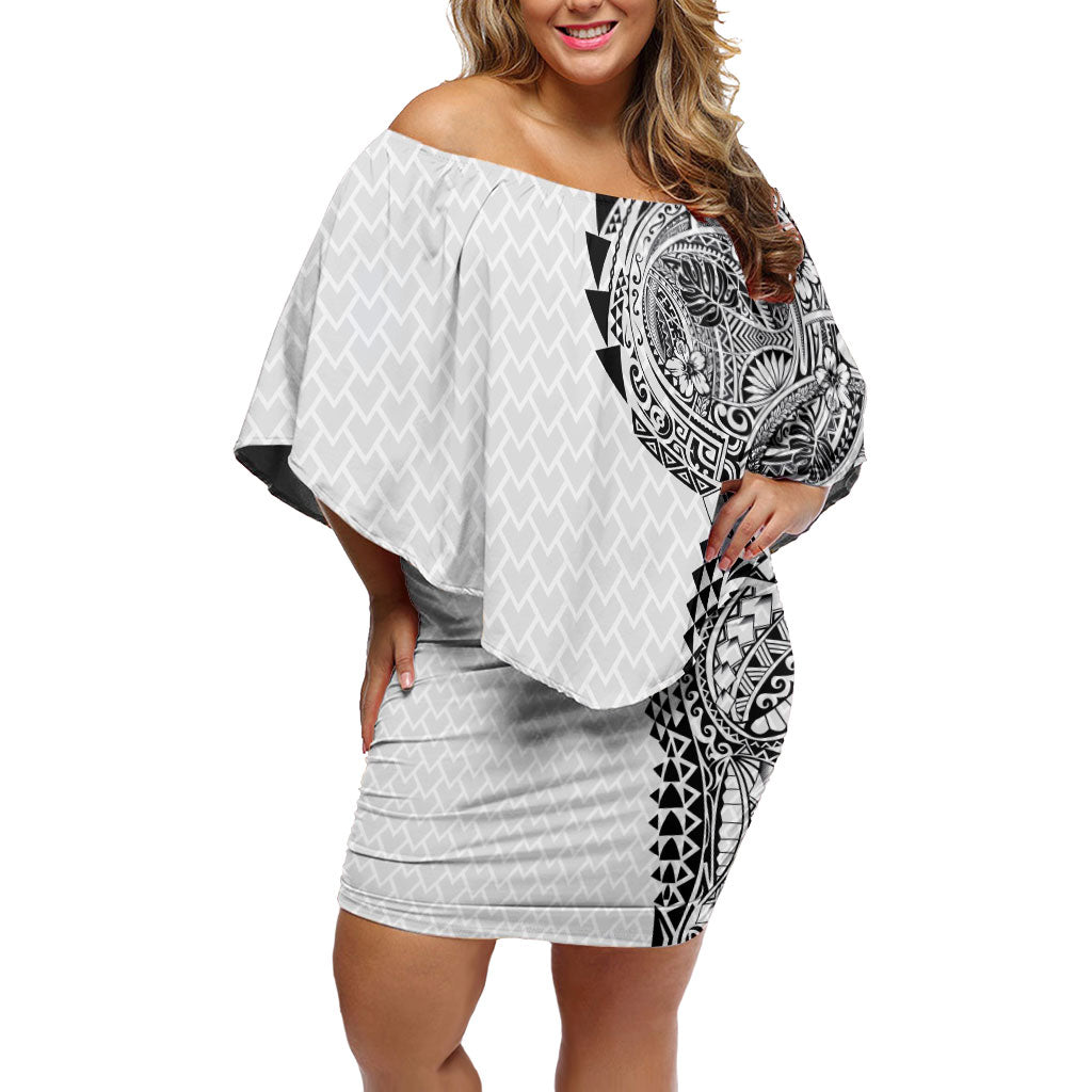 Hawaiian Traditional Tattoos Family Matching Off Shoulder Short Dress and Hawaiian Shirt Kakau Tribal Tropical Plant Motif White Color