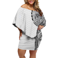 Hawaiian Traditional Tattoos Family Matching Off Shoulder Short Dress and Hawaiian Shirt Kakau Tribal Tropical Plant Motif White Color
