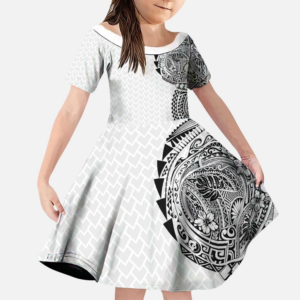 Hawaiian Traditional Tattoos Family Matching Summer Maxi Dress and Hawaiian Shirt Kakau Tribal Tropical Plant Motif White Color