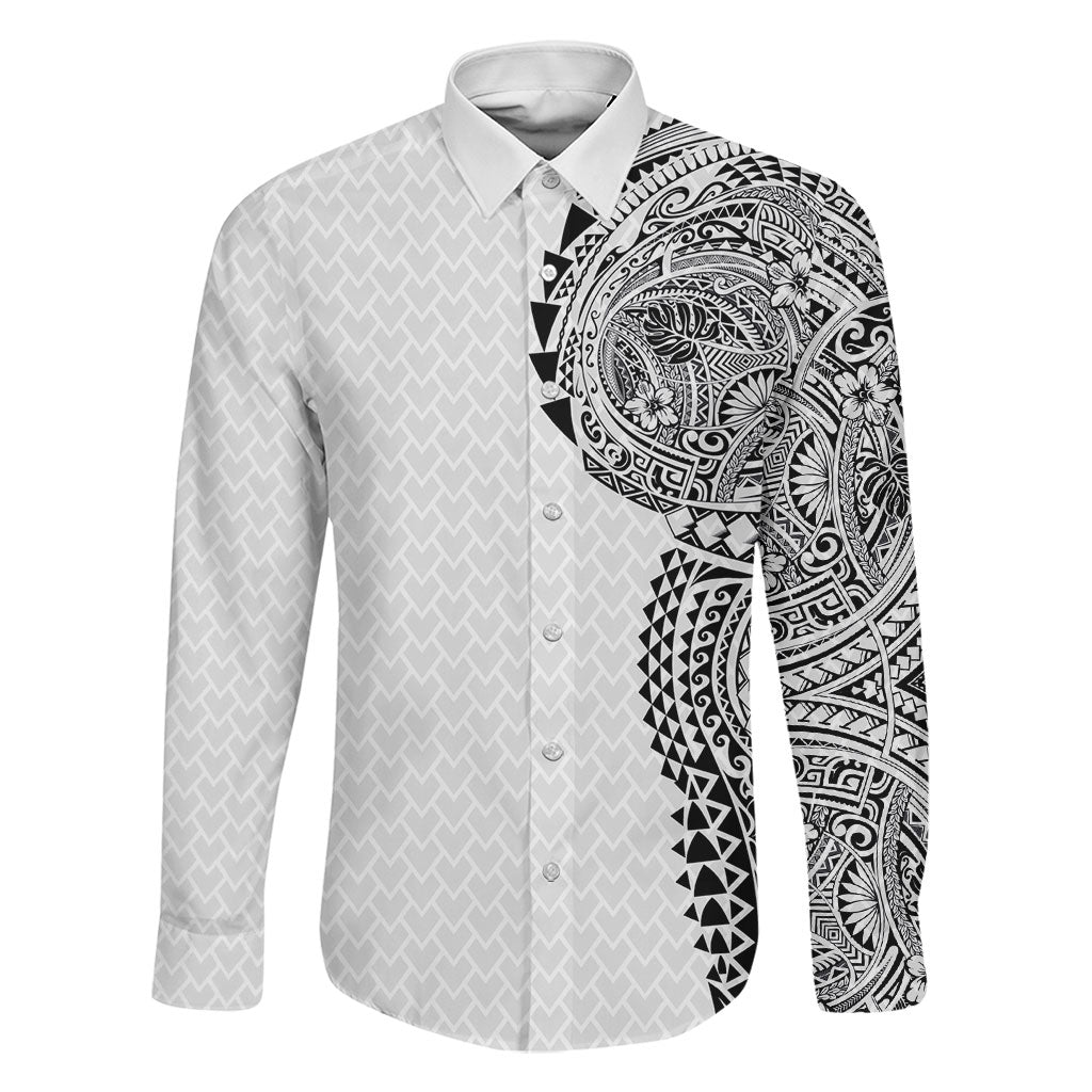 Hawaiian Traditional Tattoos Family Matching Summer Maxi Dress and Hawaiian Shirt Kakau Tribal Tropical Plant Motif White Color