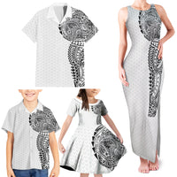 Hawaiian Traditional Tattoos Family Matching Tank Maxi Dress and Hawaiian Shirt Kakau Tribal Tropical Plant Motif White Color