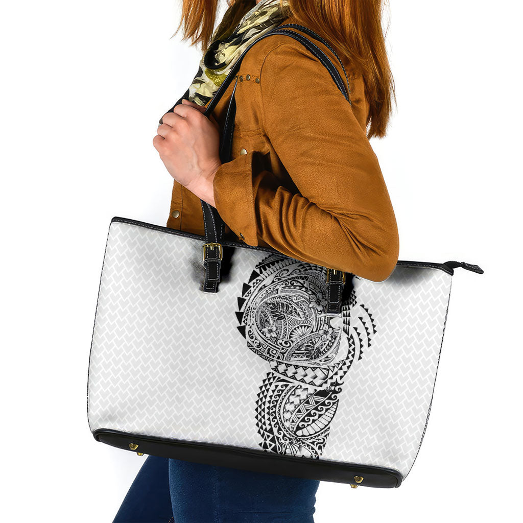 Hawaiian Traditional Tattoos Leather Tote Bag Kakau Tribal Tropical Plant Motif White Color