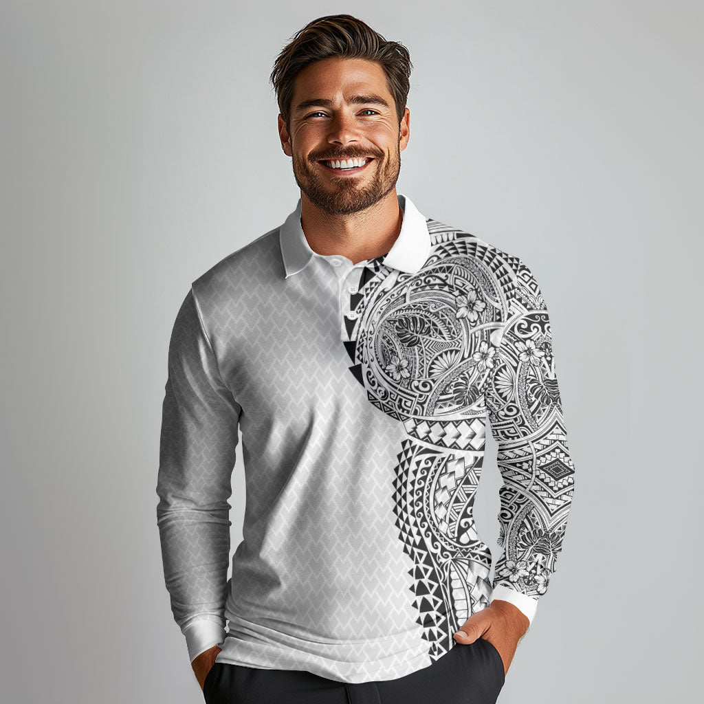 Hawaiian Traditional Tattoos Long Sleeve Polo Shirt Kakau Tribal Tropical Plant Motif White Color