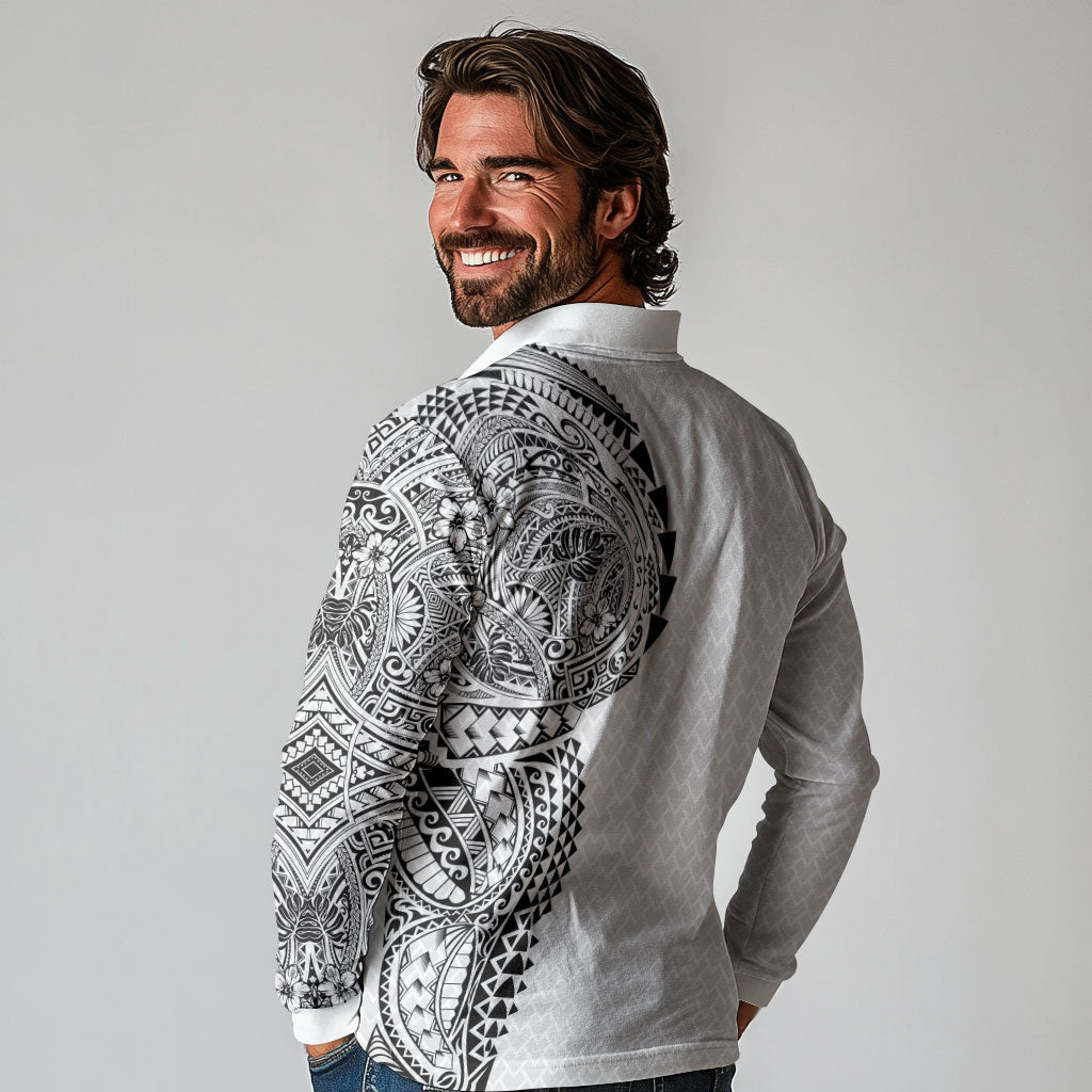 Hawaiian Traditional Tattoos Long Sleeve Polo Shirt Kakau Tribal Tropical Plant Motif White Color