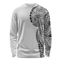 Hawaiian Traditional Tattoos Long Sleeve Shirt Kakau Tribal Tropical Plant Motif White Color