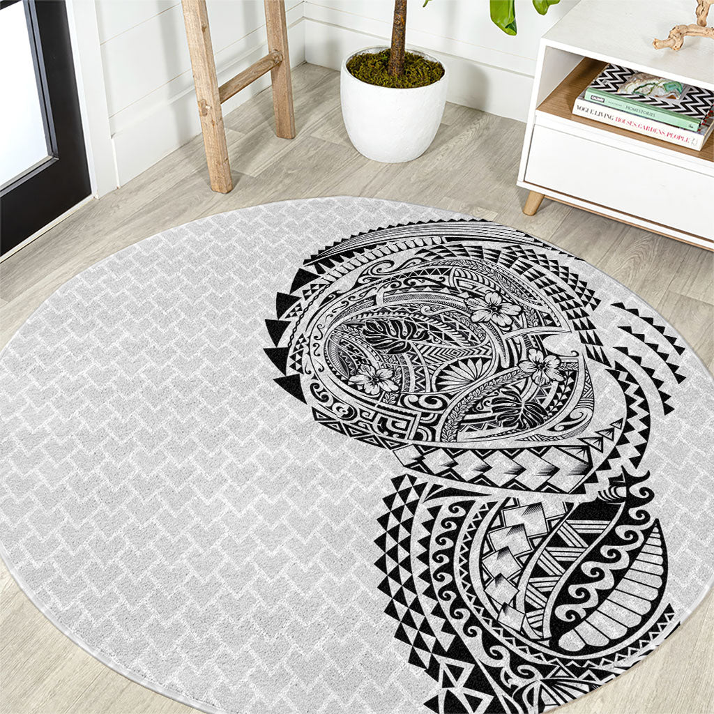 Hawaiian Traditional Tattoos Round Carpet Kakau Tribal Tropical Plant Motif White Color