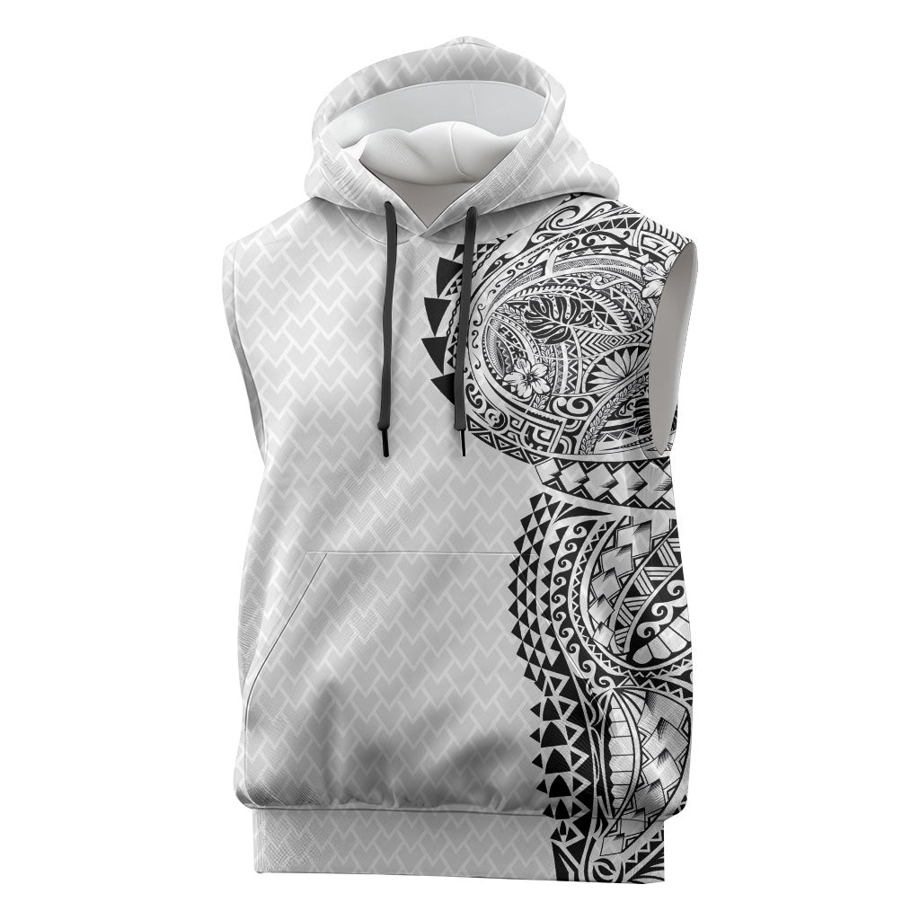 Hawaiian Traditional Tattoos Sleeveless Hoodie Kakau Tribal Tropical Plant Motif White Color