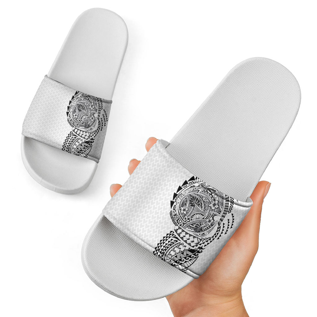 Hawaiian Traditional Tattoos Slide Sandals Kakau Tribal Tropical Plant Motif White Color