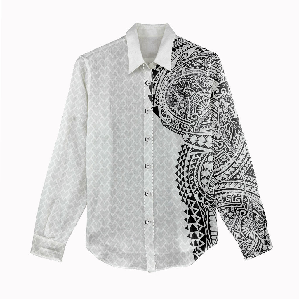 Hawaiian Traditional Tattoos Women Casual Shirt Kakau Tribal Tropical Plant Motif White Color