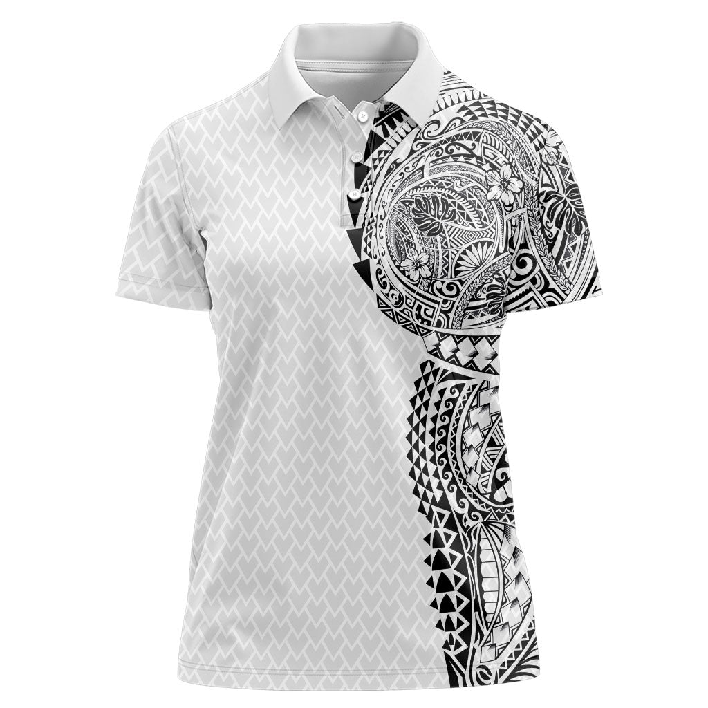 Hawaiian Traditional Tattoos Women Polo Shirt Kakau Tribal Tropical Plant Motif White Color