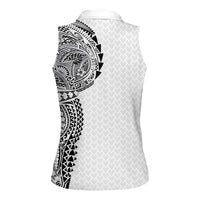 Hawaiian Traditional Tattoos Women Sleeveless Polo Shirt Kakau Tribal Tropical Plant Motif White Color