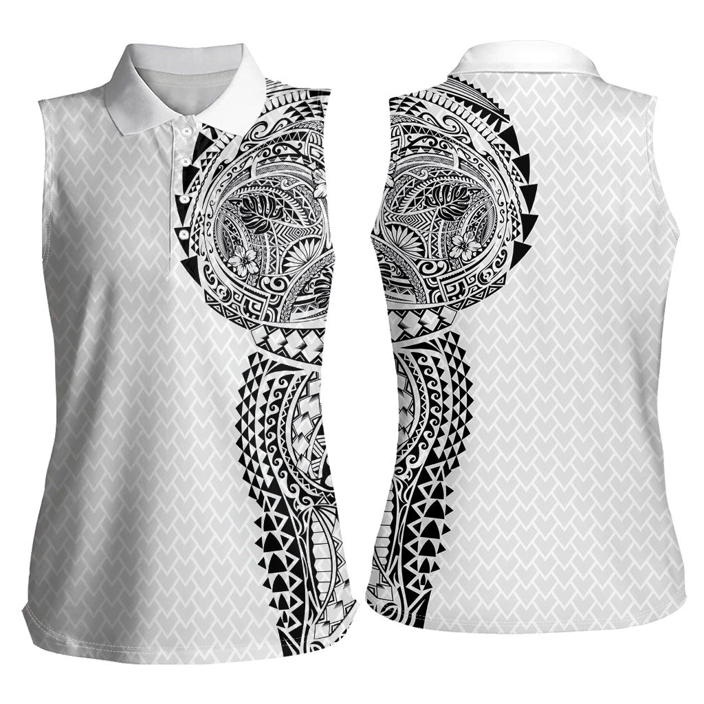 Hawaiian Traditional Tattoos Women Sleeveless Polo Shirt Kakau Tribal Tropical Plant Motif White Color