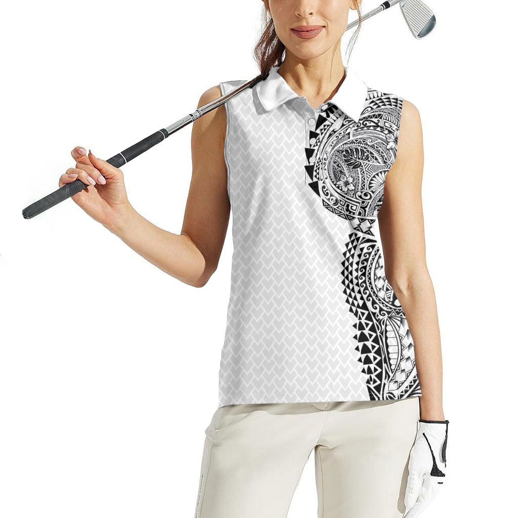 Hawaiian Traditional Tattoos Women Sleeveless Polo Shirt Kakau Tribal Tropical Plant Motif White Color