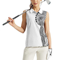 Hawaiian Traditional Tattoos Women Sleeveless Polo Shirt Kakau Tribal Tropical Plant Motif White Color