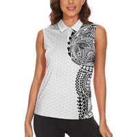 Hawaiian Traditional Tattoos Women Sleeveless Polo Shirt Kakau Tribal Tropical Plant Motif White Color