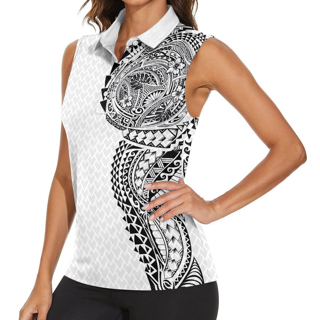 Hawaiian Traditional Tattoos Women Sleeveless Polo Shirt Kakau Tribal Tropical Plant Motif White Color