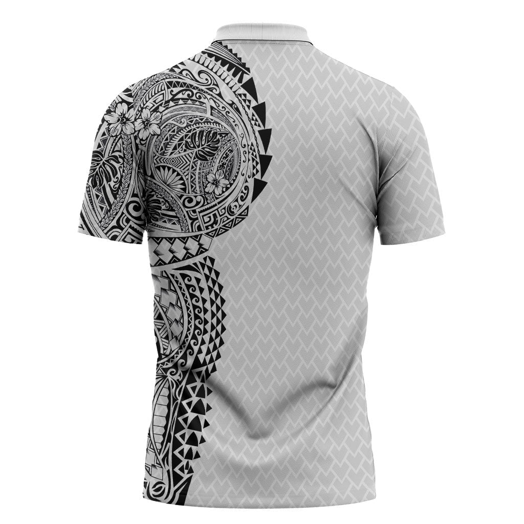 Hawaiian Traditional Tattoos Zipper Polo Shirt Kakau Tribal Tropical Plant Motif White Color