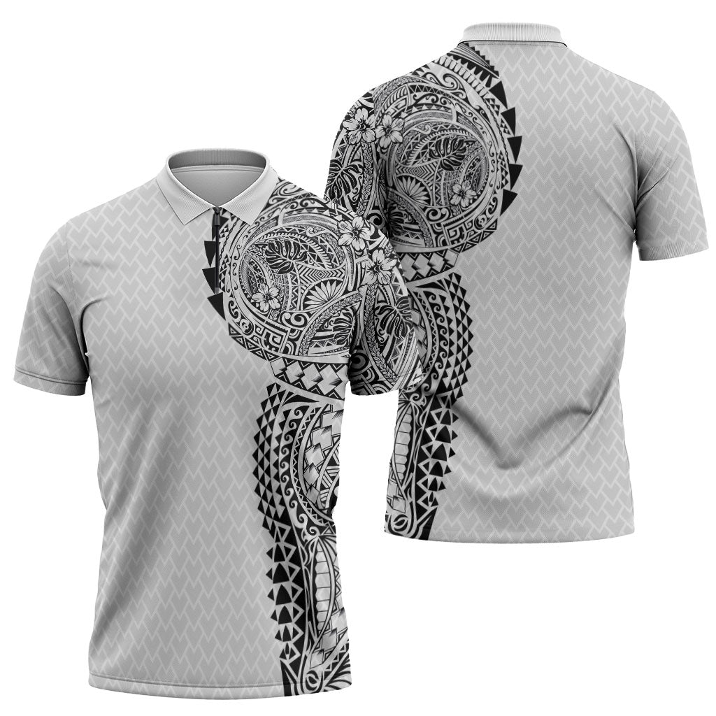Hawaiian Traditional Tattoos Zipper Polo Shirt Kakau Tribal Tropical Plant Motif White Color