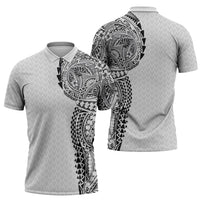 Hawaiian Traditional Tattoos Zipper Polo Shirt Kakau Tribal Tropical Plant Motif White Color