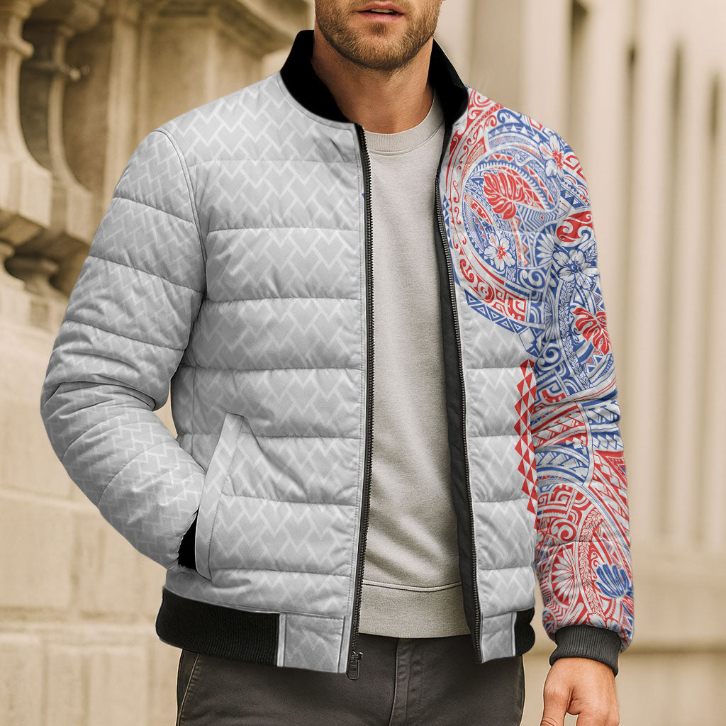 Hawaiian Traditional Tattoos Bomber Puffer Jacket Kakau Tribal Tropical Plant Motif Hawaii Flag Color Inspired