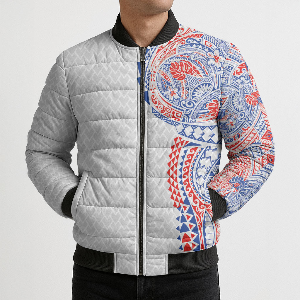 Hawaiian Traditional Tattoos Bomber Puffer Jacket Kakau Tribal Tropical Plant Motif Hawaii Flag Color Inspired