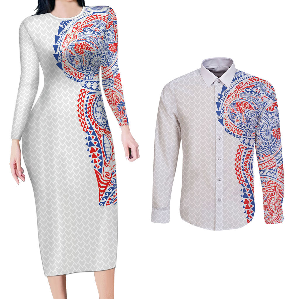 Hawaiian Traditional Tattoos Couples Matching Long Sleeve Bodycon Dress and Long Sleeve Button Shirt Kakau Tribal Tropical Plant Motif Hawaii Flag Color Inspired