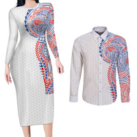 Hawaiian Traditional Tattoos Couples Matching Long Sleeve Bodycon Dress and Long Sleeve Button Shirt Kakau Tribal Tropical Plant Motif Hawaii Flag Color Inspired