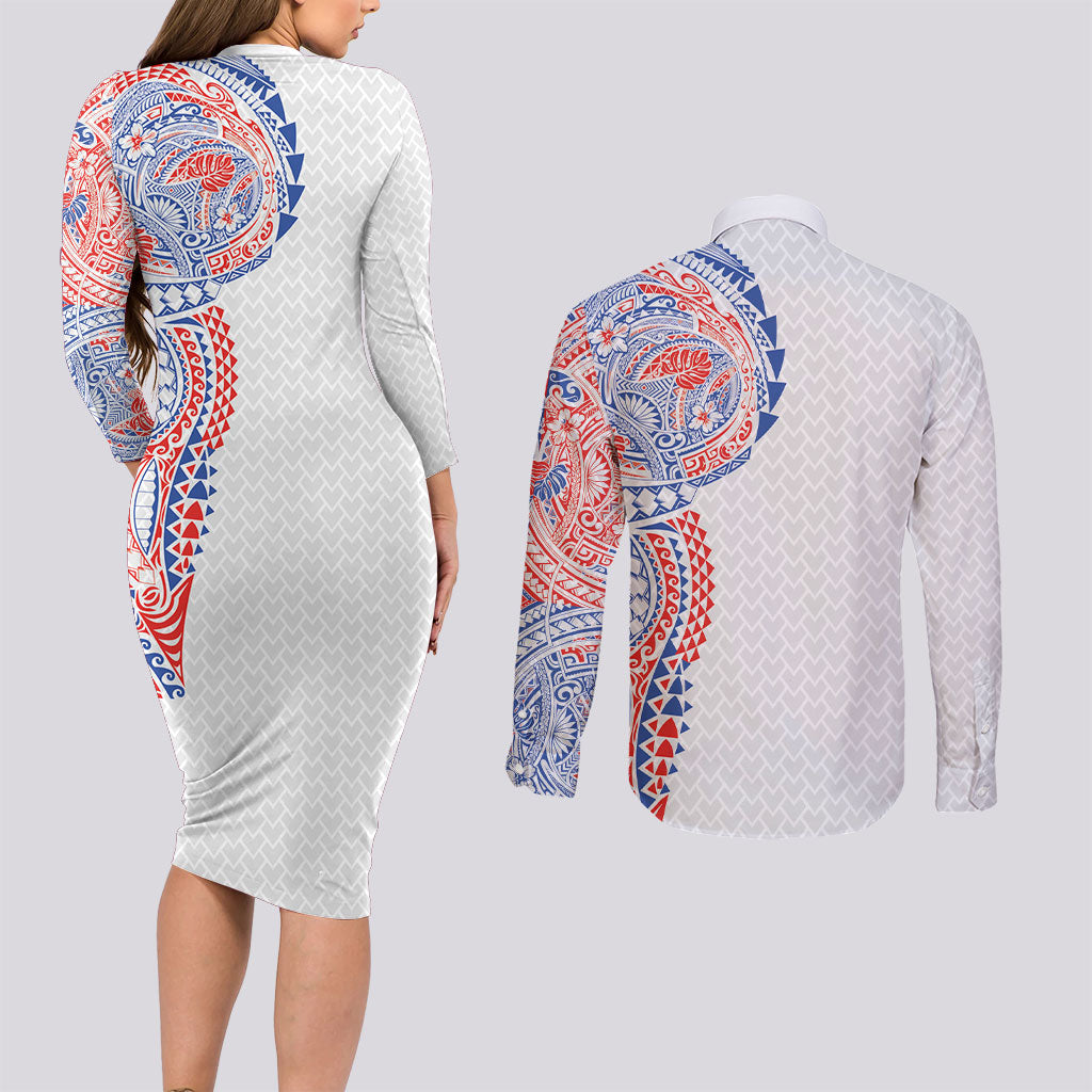 Hawaiian Traditional Tattoos Couples Matching Long Sleeve Bodycon Dress and Long Sleeve Button Shirt Kakau Tribal Tropical Plant Motif Hawaii Flag Color Inspired