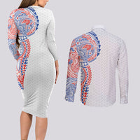 Hawaiian Traditional Tattoos Couples Matching Long Sleeve Bodycon Dress and Long Sleeve Button Shirt Kakau Tribal Tropical Plant Motif Hawaii Flag Color Inspired
