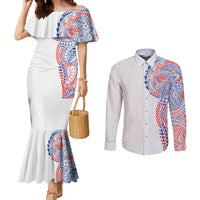 Hawaiian Traditional Tattoos Couples Matching Mermaid Dress and Long Sleeve Button Shirt Kakau Tribal Tropical Plant Motif Hawaii Flag Color Inspired