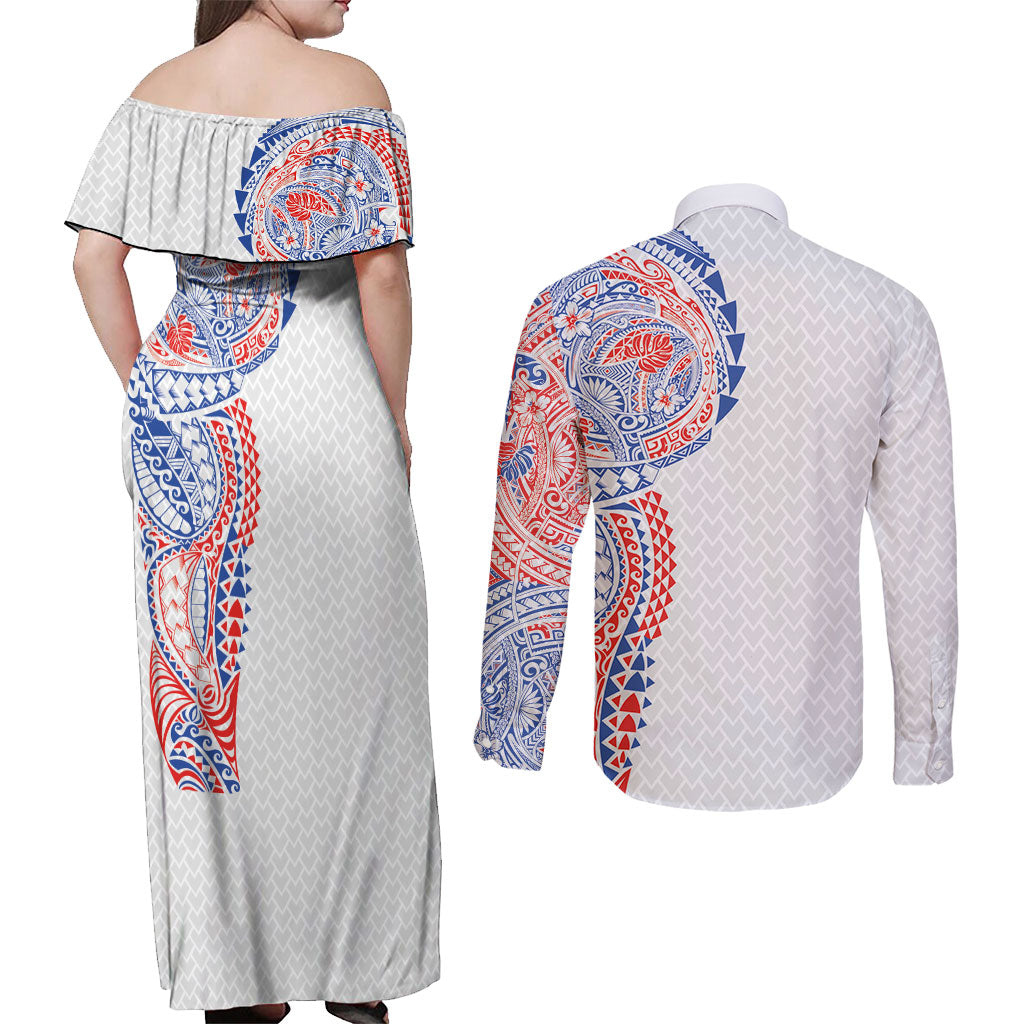 Hawaiian Traditional Tattoos Couples Matching Off Shoulder Maxi Dress and Long Sleeve Button Shirt Kakau Tribal Tropical Plant Motif Hawaii Flag Color Inspired