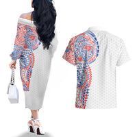 Hawaiian Traditional Tattoos Couples Matching Off The Shoulder Long Sleeve Dress and Hawaiian Shirt Kakau Tribal Tropical Plant Motif Hawaii Flag Color Inspired