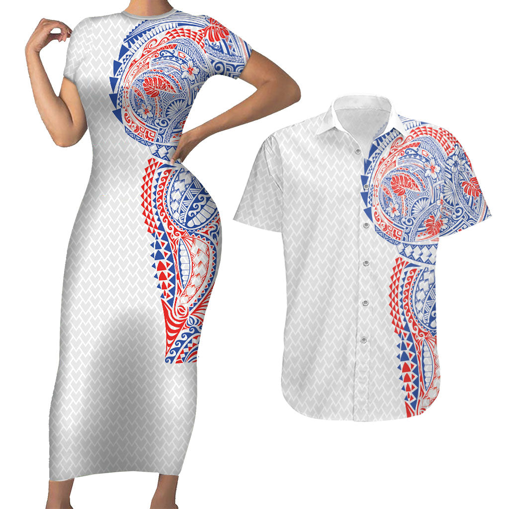 Hawaiian Traditional Tattoos Couples Matching Short Sleeve Bodycon Dress and Hawaiian Shirt Kakau Tribal Tropical Plant Motif Hawaii Flag Color Inspired