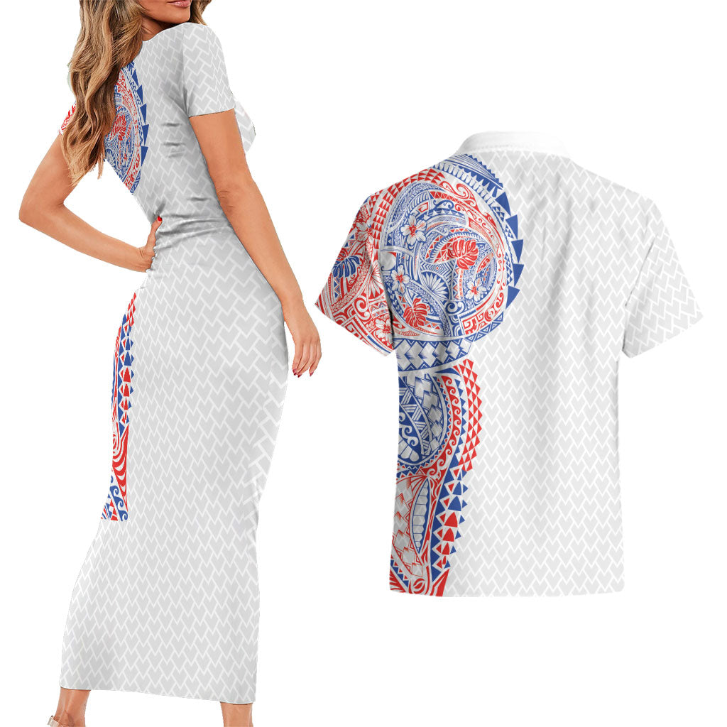 Hawaiian Traditional Tattoos Couples Matching Short Sleeve Bodycon Dress and Hawaiian Shirt Kakau Tribal Tropical Plant Motif Hawaii Flag Color Inspired
