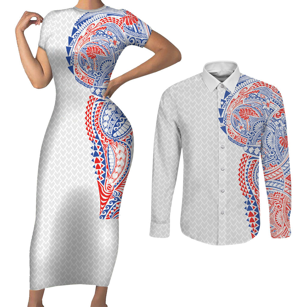 Hawaiian Traditional Tattoos Couples Matching Short Sleeve Bodycon Dress and Long Sleeve Button Shirt Kakau Tribal Tropical Plant Motif Hawaii Flag Color Inspired