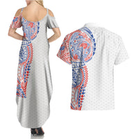 Hawaiian Traditional Tattoos Couples Matching Summer Maxi Dress and Hawaiian Shirt Kakau Tribal Tropical Plant Motif Hawaii Flag Color Inspired