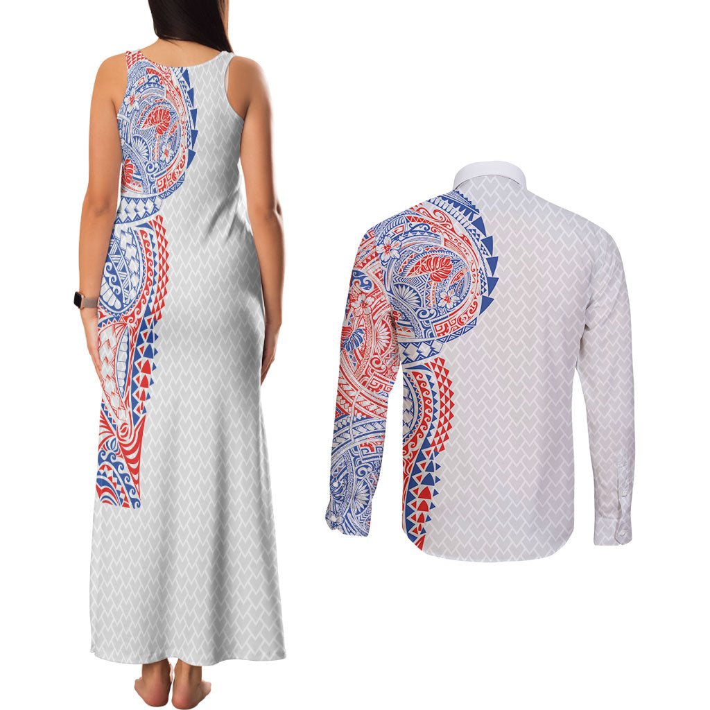 Hawaiian Traditional Tattoos Couples Matching Tank Maxi Dress and Long Sleeve Button Shirt Kakau Tribal Tropical Plant Motif Hawaii Flag Color Inspired