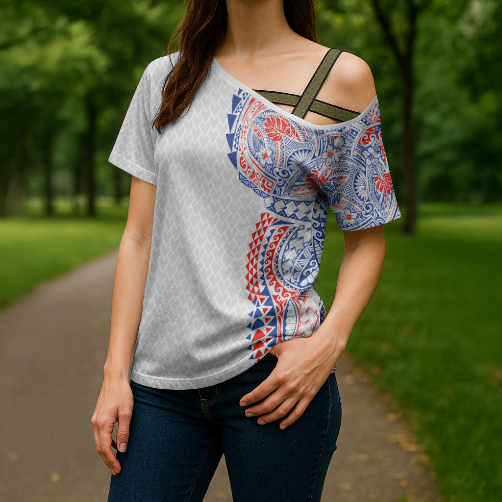 Hawaiian Traditional Tattoos Cross Shoulder Shirt Kakau Tribal Tropical Plant Motif Hawaii Flag Color Inspired