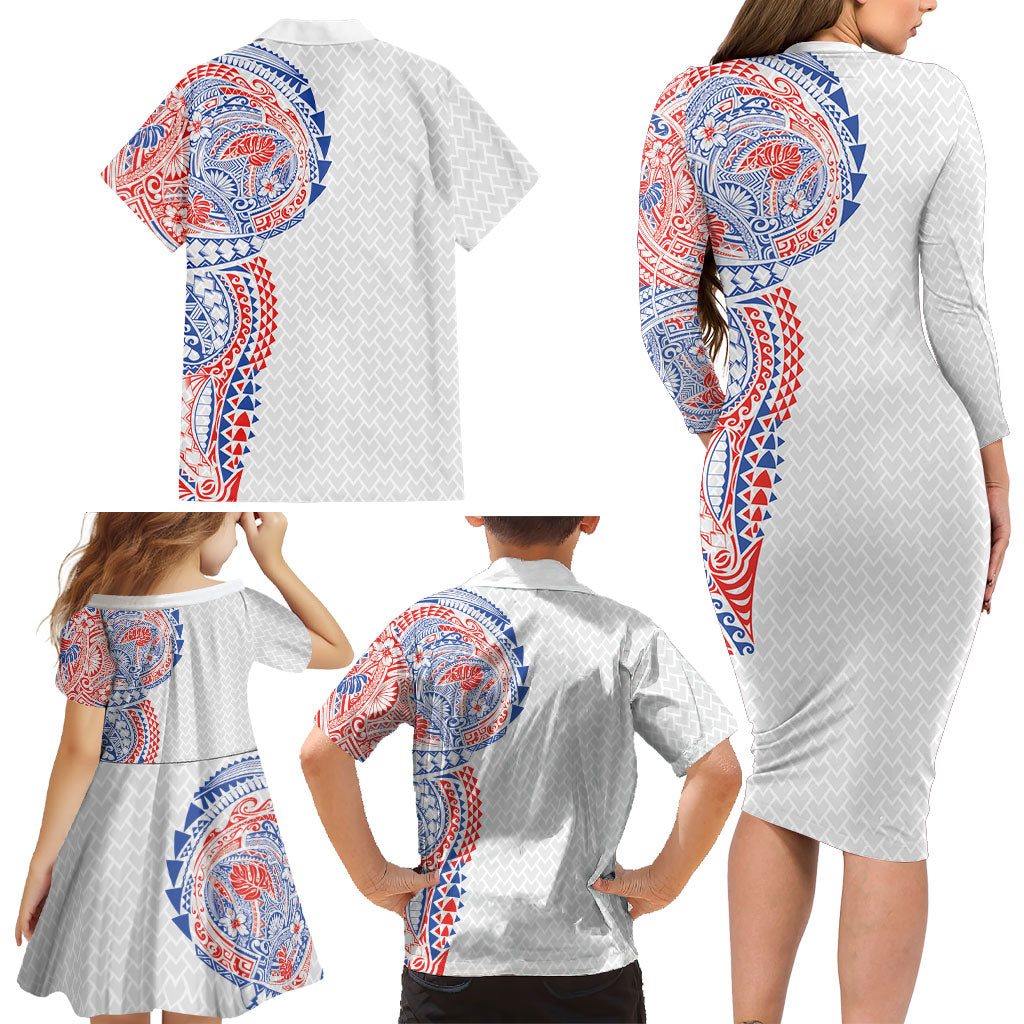 Hawaiian Traditional Tattoos Family Matching Long Sleeve Bodycon Dress and Hawaiian Shirt Kakau Tribal Tropical Plant Motif Hawaii Flag Color Inspired